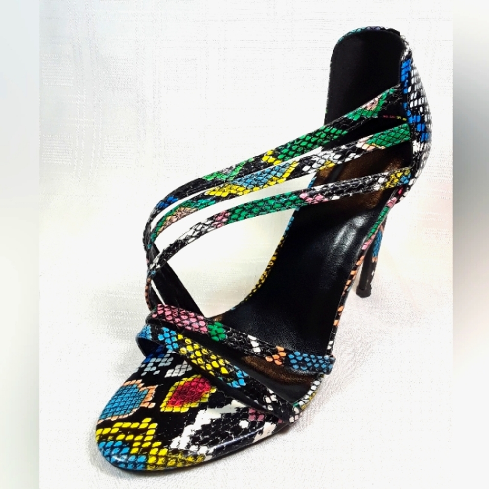 Heels Open Toe Women Shoes Rainbow Faux Snakeskin Strap Fashion Shoes Size 38 - Picture 3 of 10